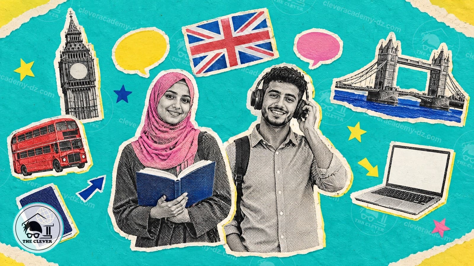 كولاج ورقي لشابة بحجاب وردي تحمل كتاباً وشاب بسماعات، حولهما بيغ بن وجسر البرج وعلم بريطانيا