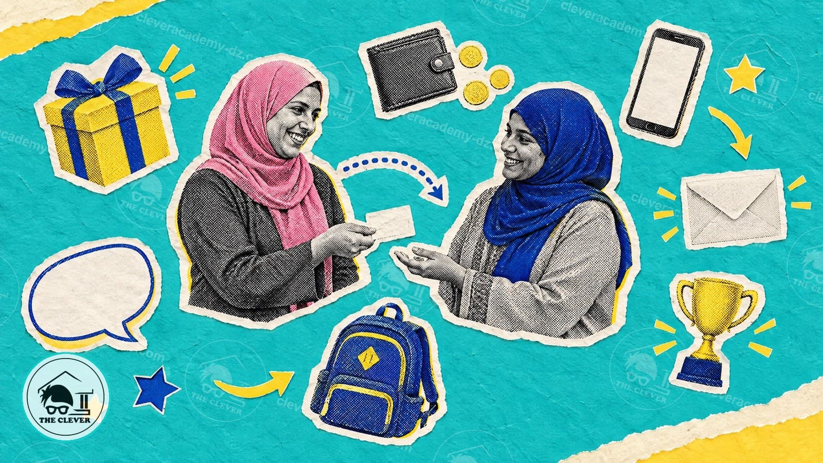 كولاج ورقي لأمّين بالحجاب تناول إحداهما الأخرى بطاقة توصية، وحولهما علبة هدية ومحفظة وقطع نقدية وحقيبة مدرسية وكأس
